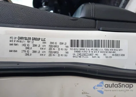 2012 Dodge Durango Crew z USA, uszkodzony, nr VIN 1C4RDJDG6CC318037
